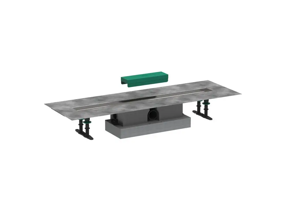Duschrinnen-System von Hansgrohe mit einer langen, geraden Fläche und zwei seitlichen Befestigungselementen für die Installation in Badezimmern.